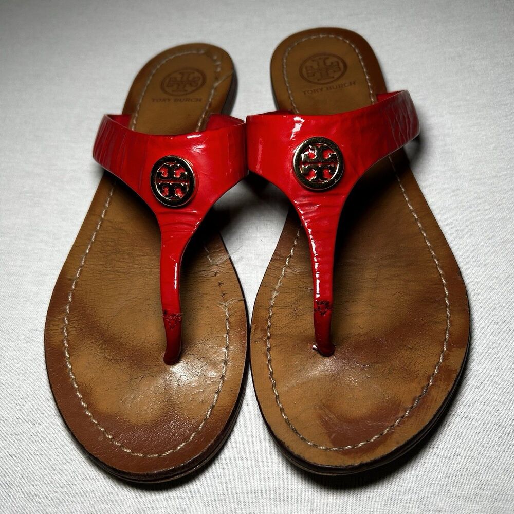 Tory Burch Cameron thong sandals in red patent leather, size 6.5